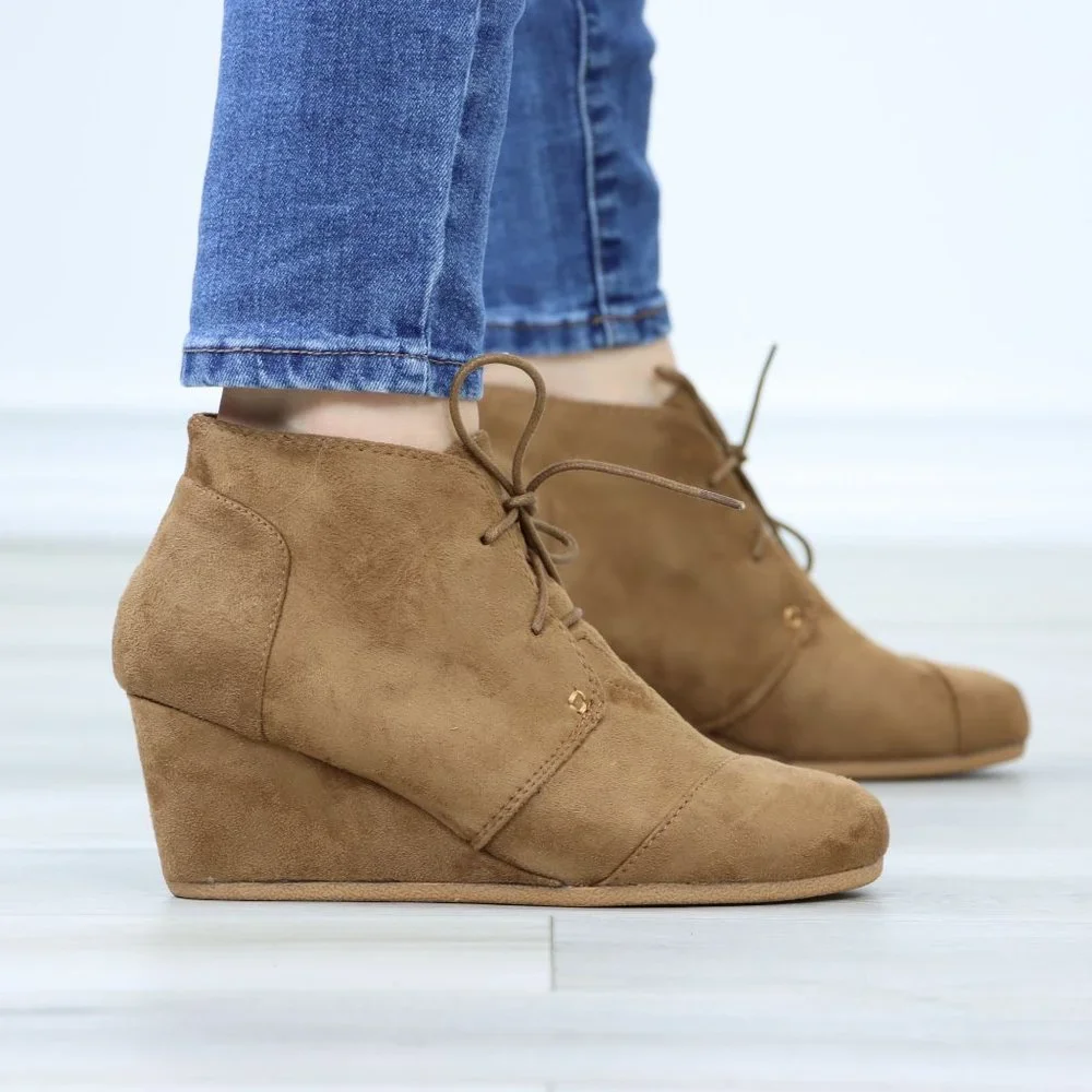 Tan Faux Suede Round Toe Wedge Heel Lace Up Ankle Boots - Picture 6 of 12